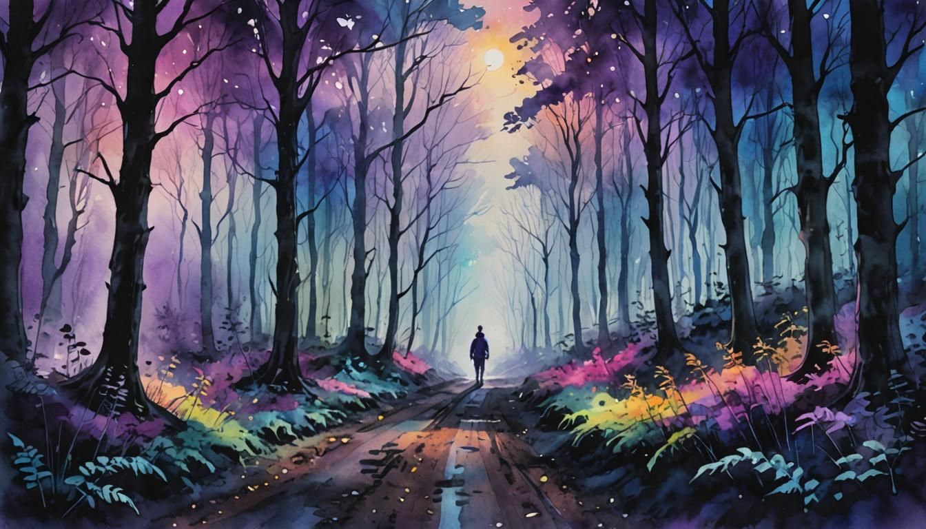 Neon Forest Path in Watercolor Style