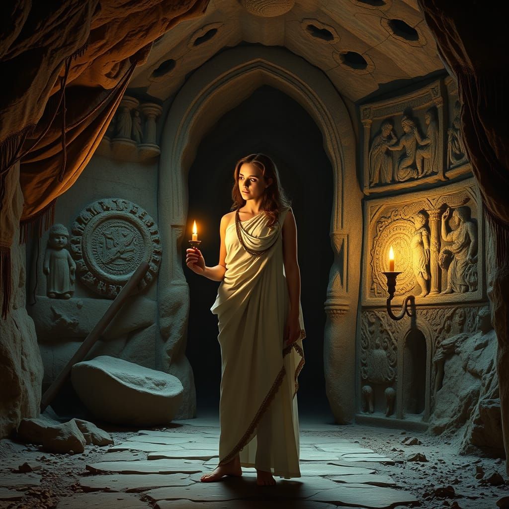 Ethereal Greek Goddess at Ancient Cave Entrance