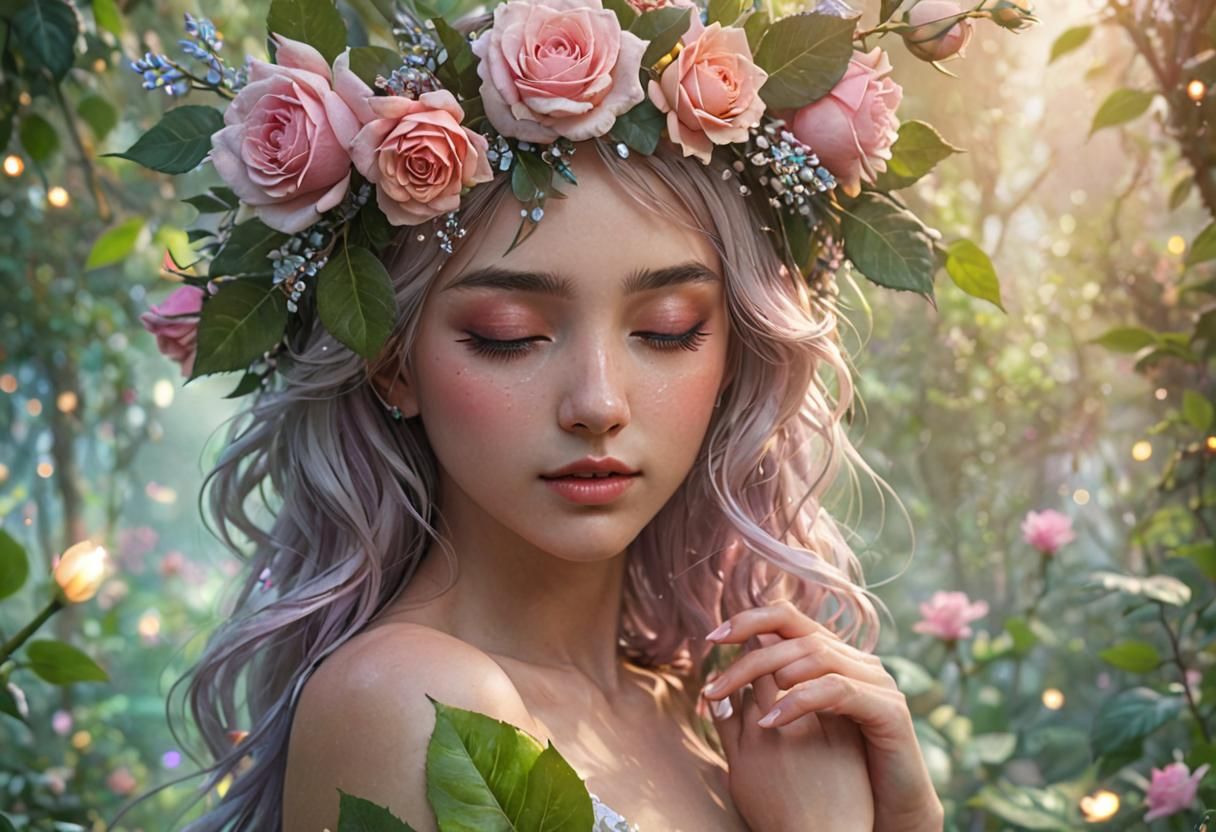 Ethereal Girl with Rose Crown in Fantasy Garden