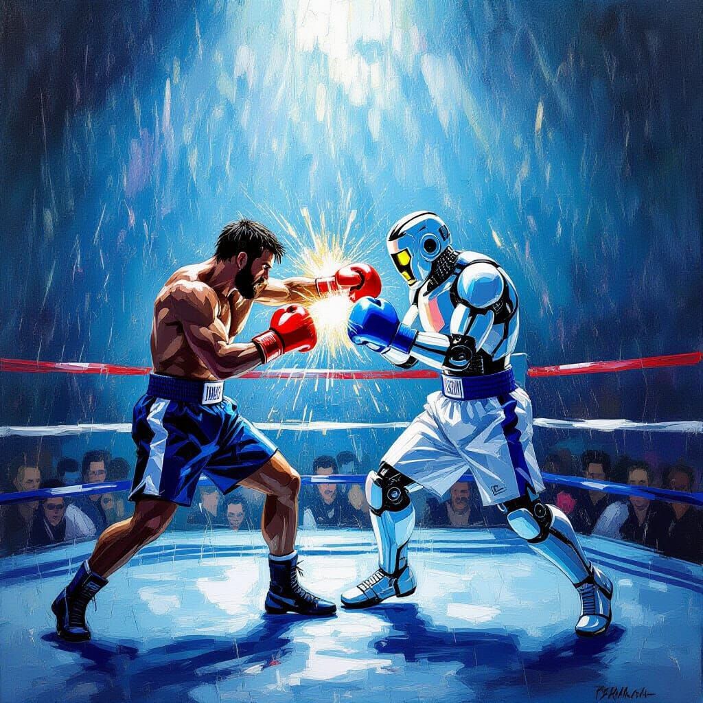 Intense Boxing Match: Man vs Robot in Stormy Impressionist S...
