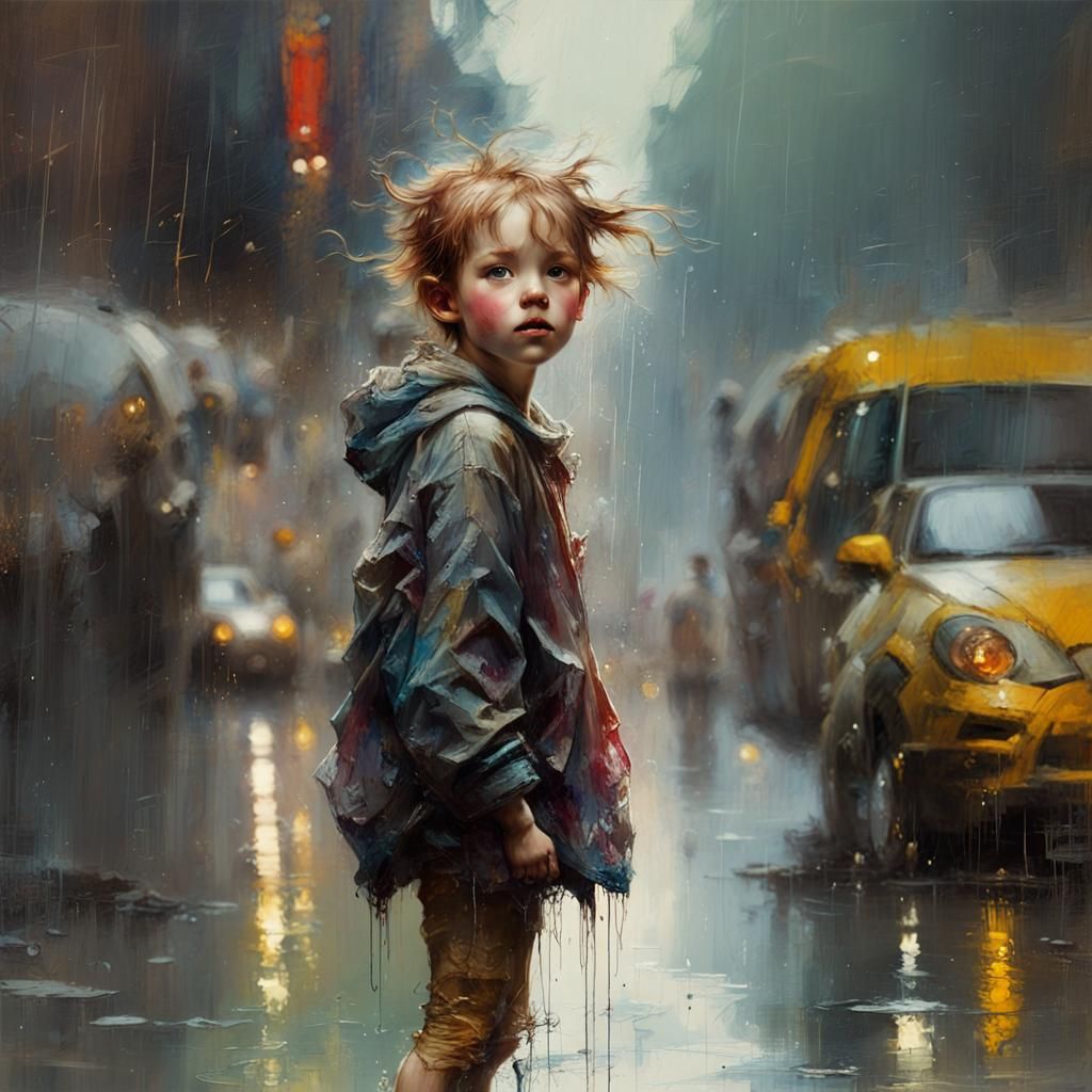 Excited Child in Rain: Fine Art Close-Up