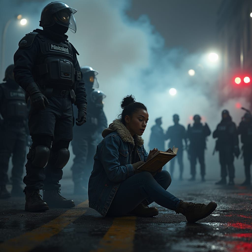 Young Woman Reads Book as Police Stand Behind in Riot Scene