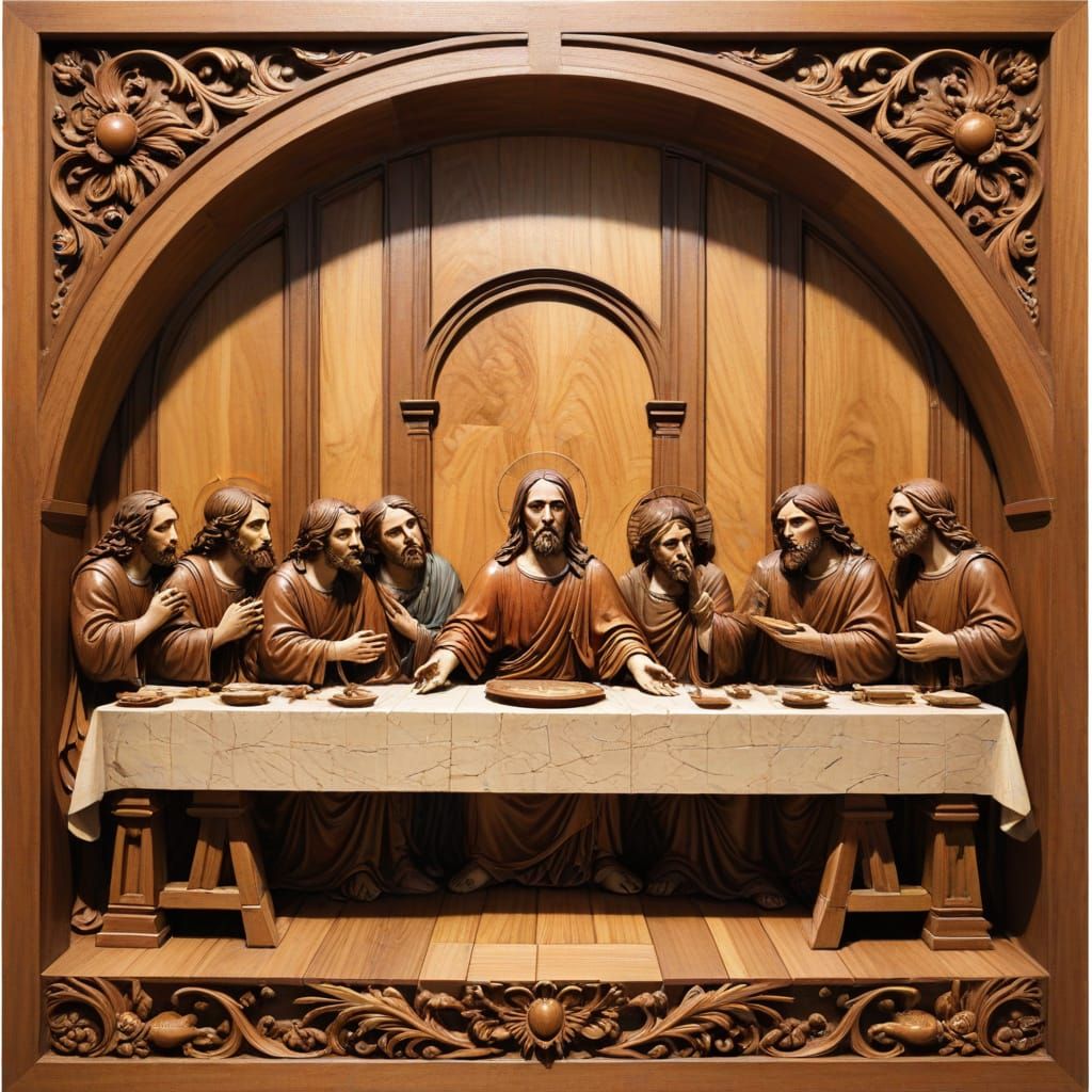 Marquetry Relief of Last Supper in Wood Carving Style