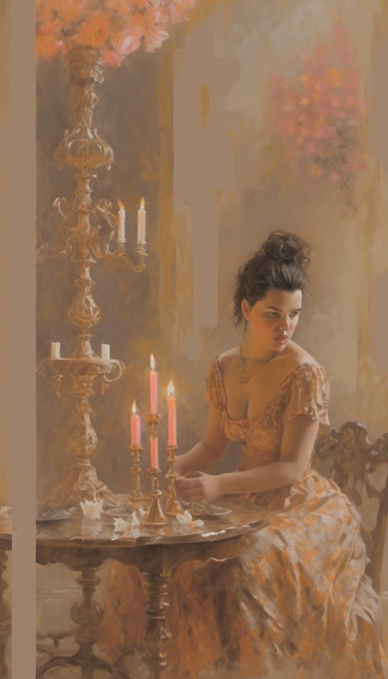 <lora:Zrina:1.0> Woman in rococco room with table with candles on candle holder orange pink brown gold silver mist ether...