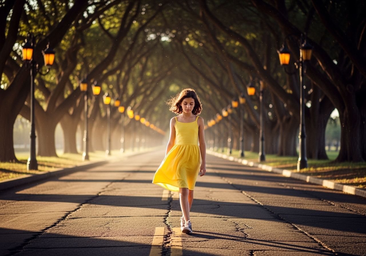 Girl in Yellow Dress on Cracked Pavement
