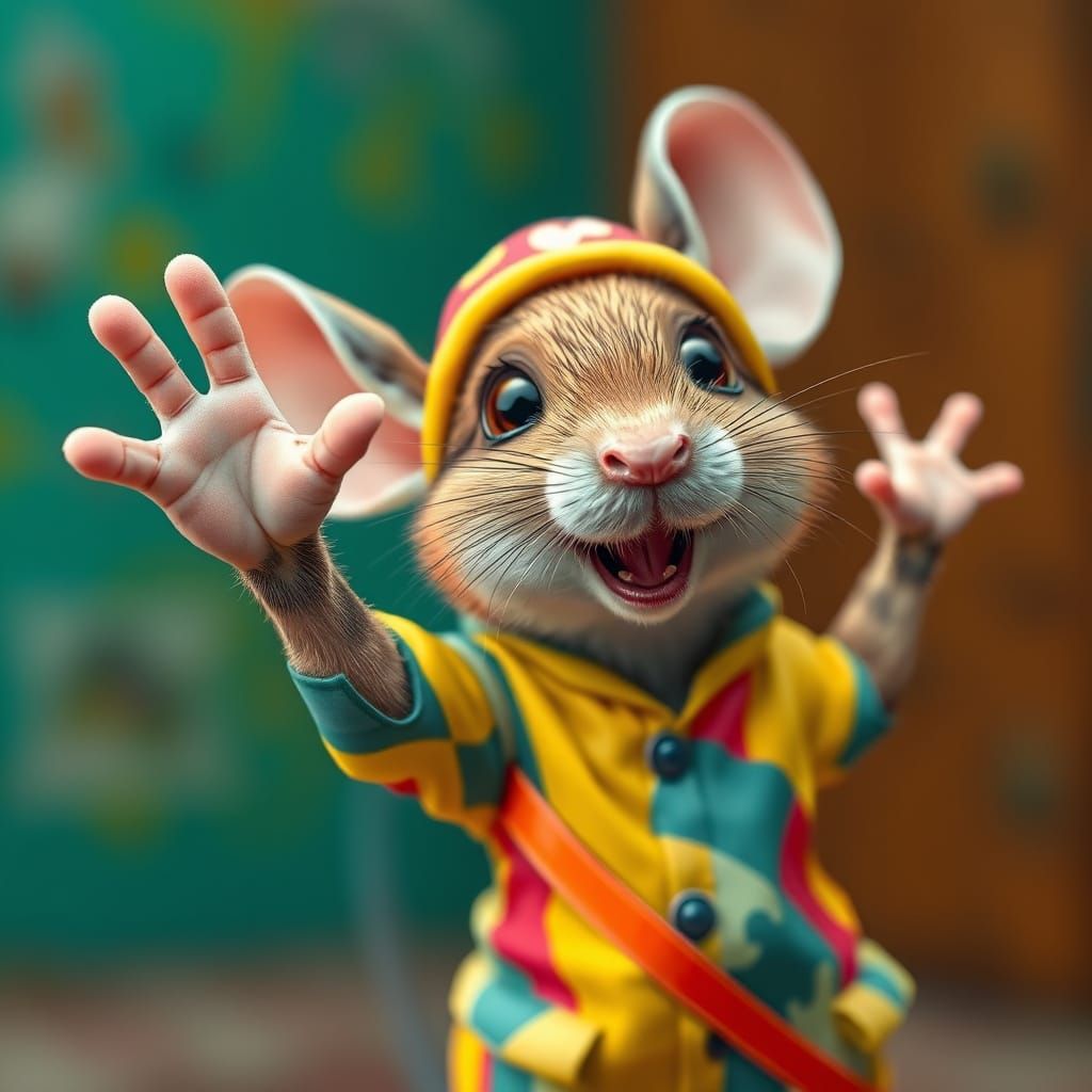 Mouse in Bright, Colorful Outfit Waves at Camera