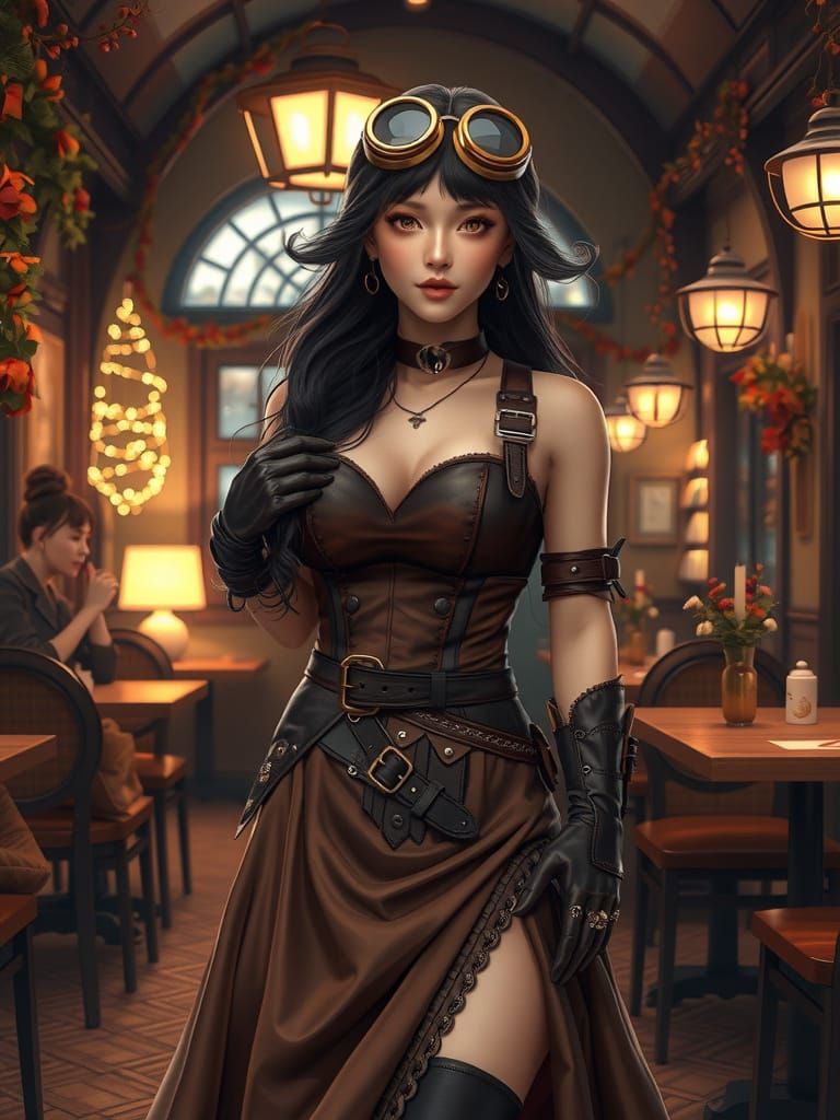 Steampunk Anime Woman in Autumn Cafe