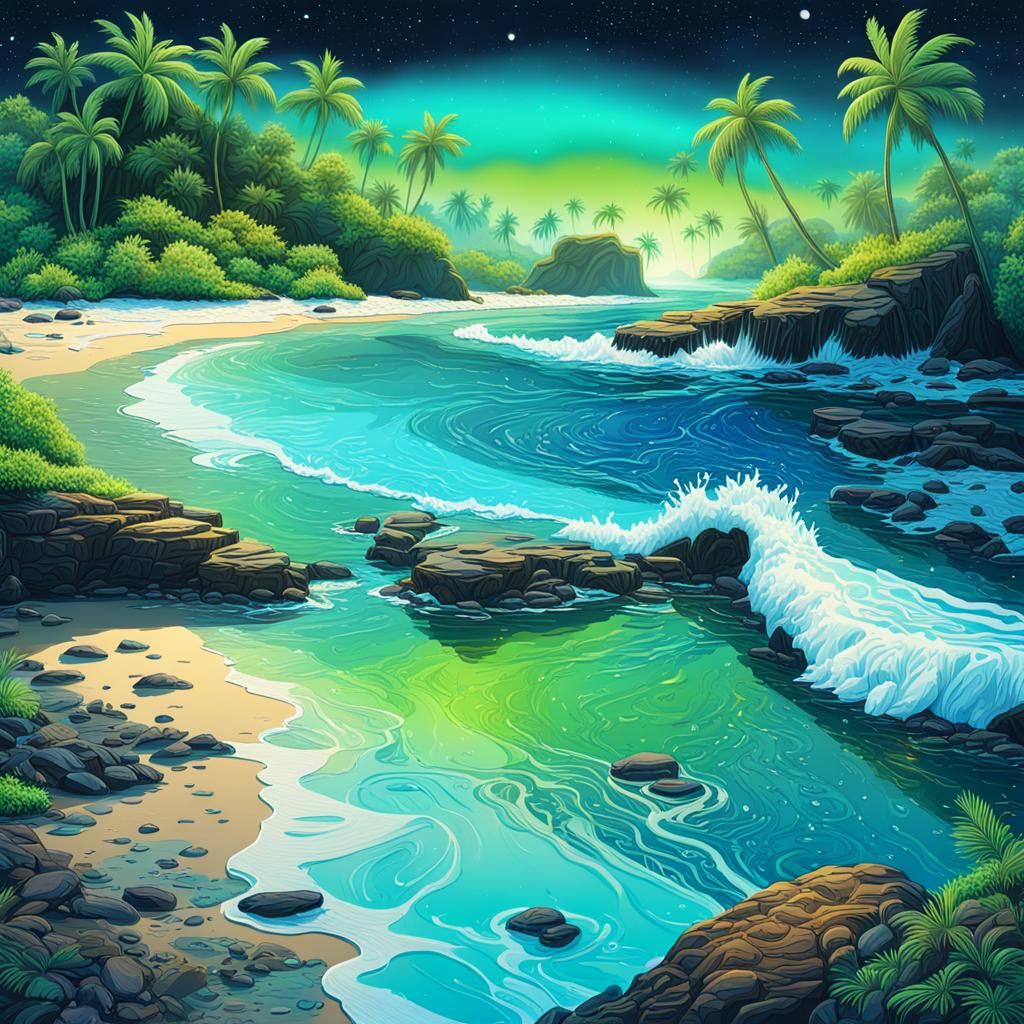 Bioluminescent Bay: A Cosmic Astral Illustration