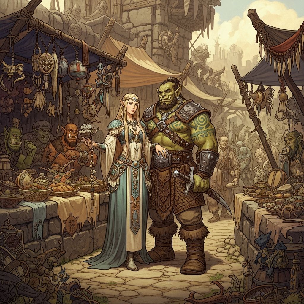 Orcish Marketplace with Elf Merchant, in Fantasy Art Style
