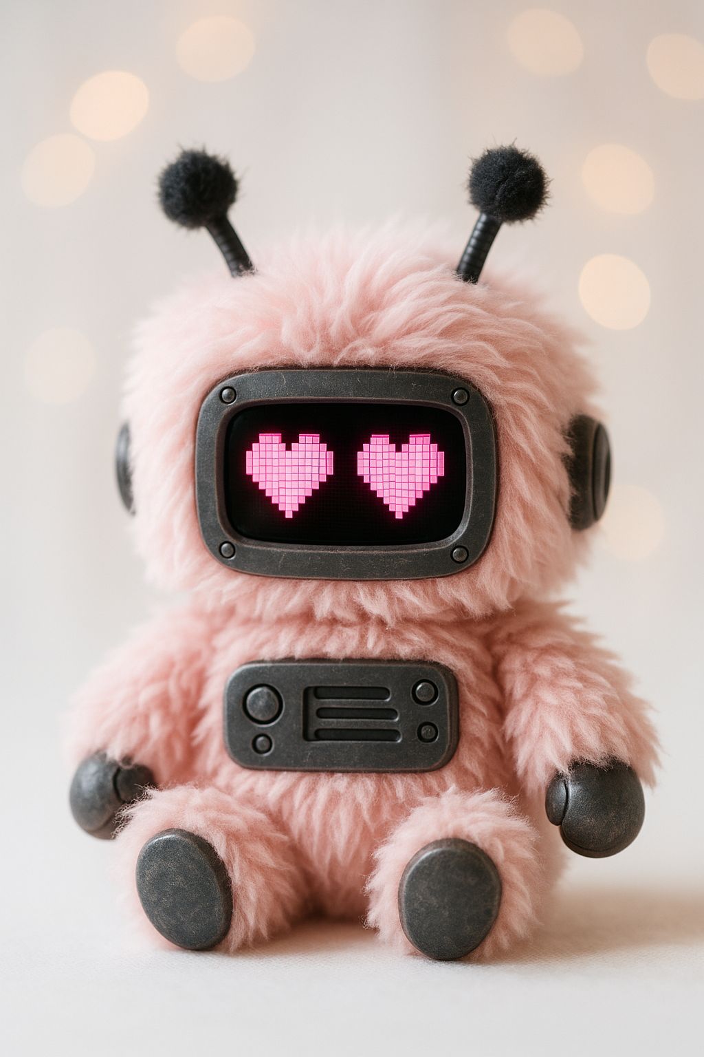 Adorable Electronic Plushie Robot with Pixel Heart Eyes