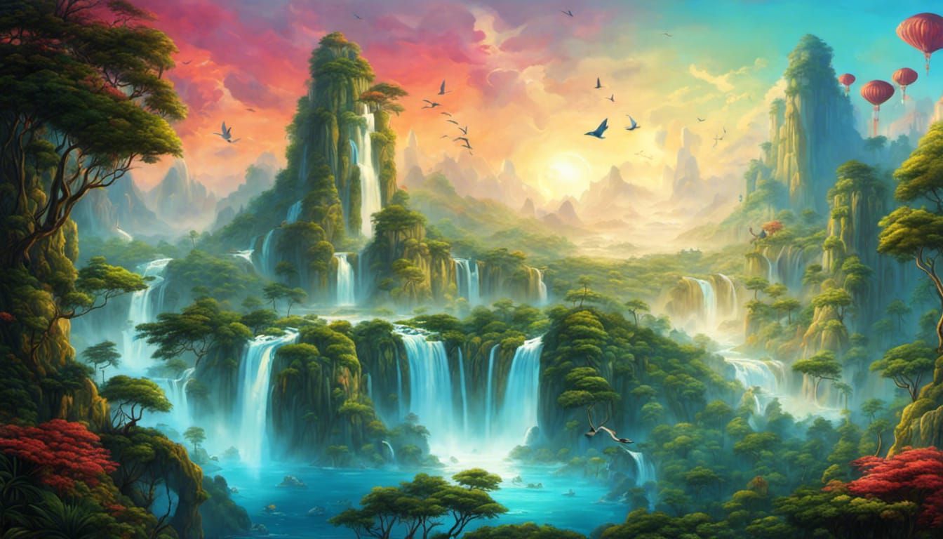 Surreal Alien Jungle Waterfall Landscape in Chinese Style
