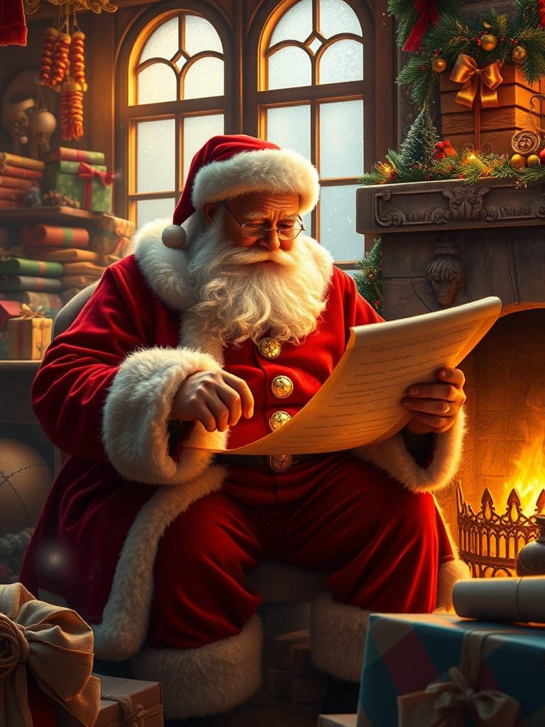 Surreal Christmas Santa in Warm, Cozy Workshop Scene