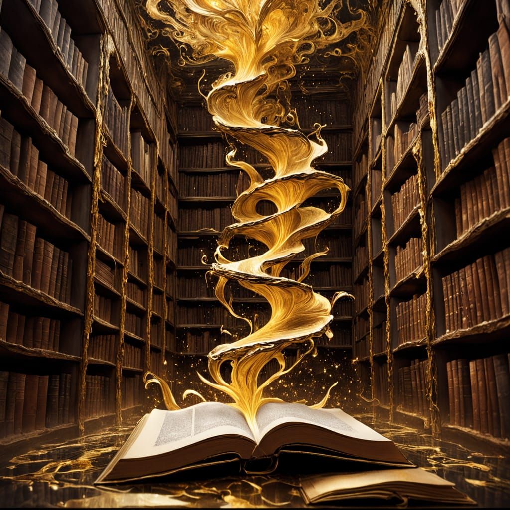 Molten Gold Library with Ethereal Ink Creatures
