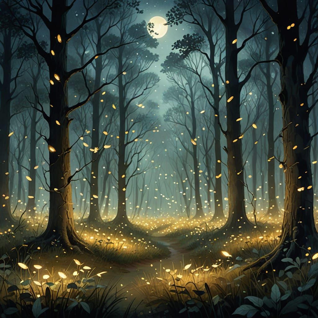 Fireflies Glow in Moonlit Oak Forest: Watercolor Art