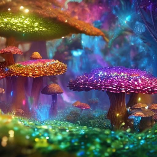 Iridescent Crystalline Mushrooms with Prismatic Light