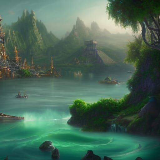 Fantastical Island Civilization in Detailed Matte Painting