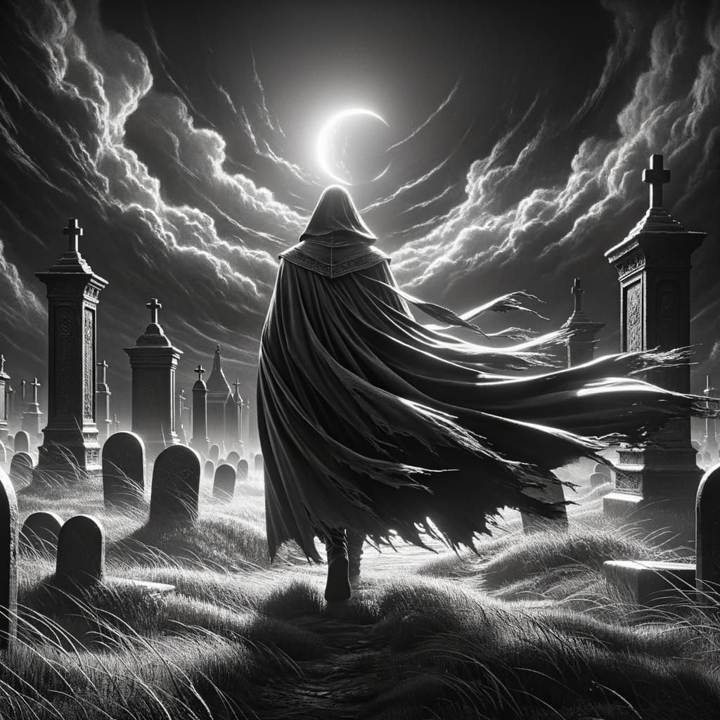 Dramatic Graveyard Scene with Cape in Black and White