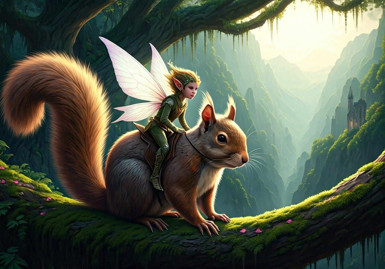 Pixie Rides Majestic Squirrel on Yggdrasil in Vibrant Fantas...
