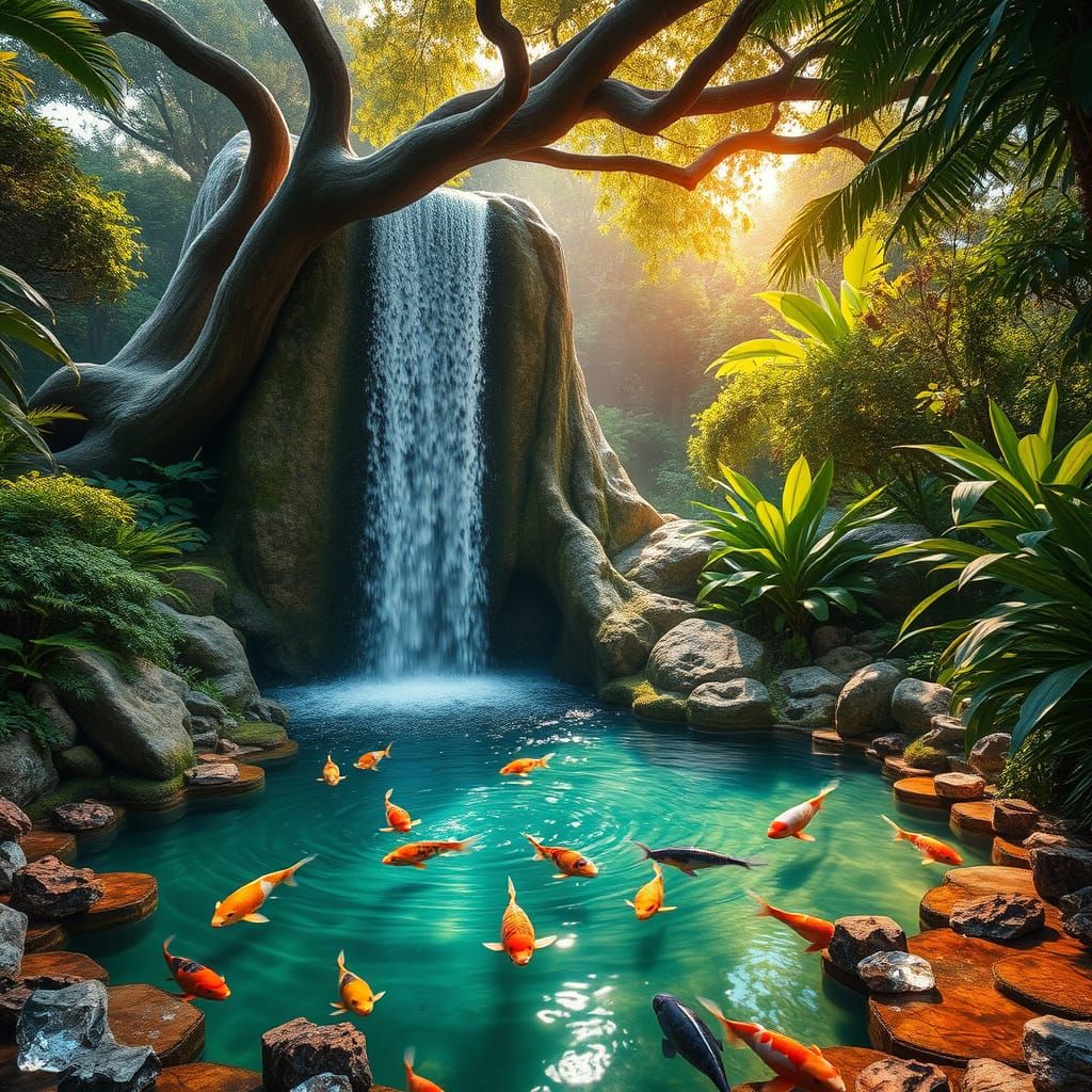 Paradisiacal Garden Waterfall with Koi Fish