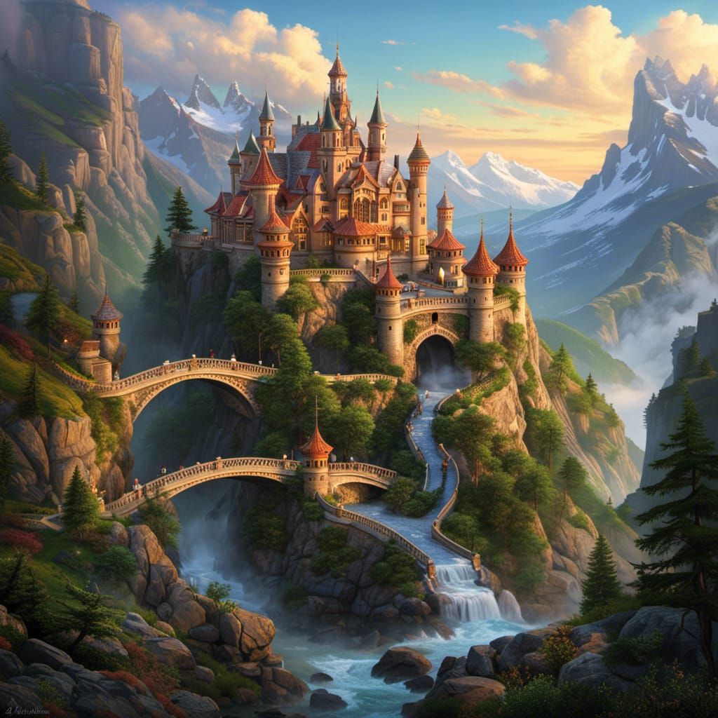 Enchanted Castle on Mountain Peak at Night