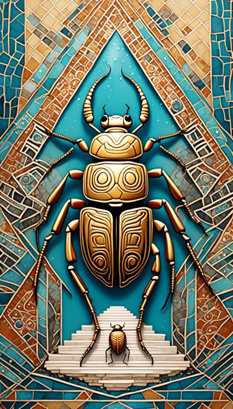 Golden Scarab Ascending Pyramid, Art Deco Gouache
