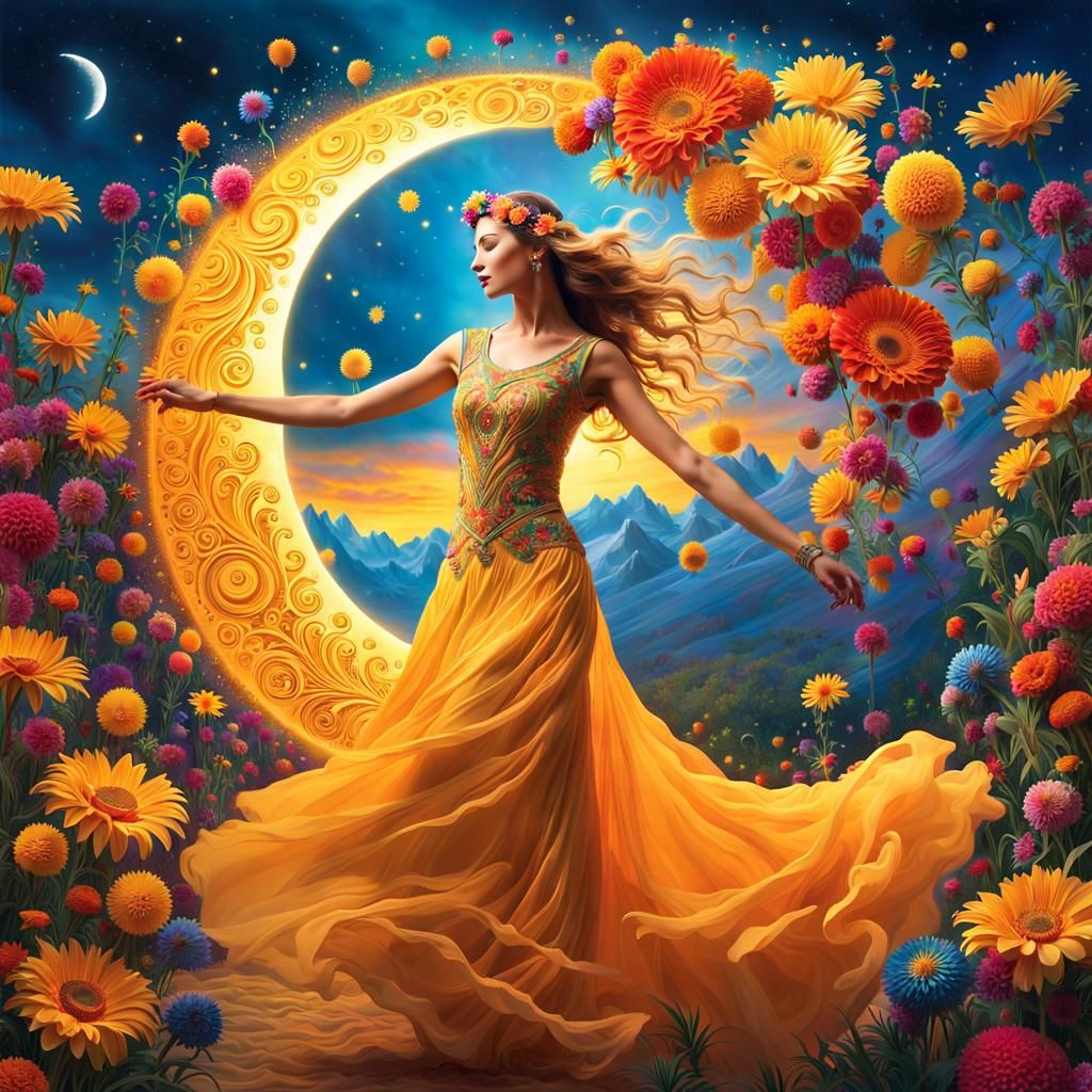 Surreal Woman Dancing Among Sun and Moon Flowers