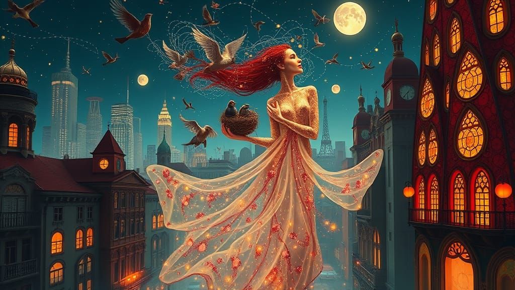 Blodeuwedd, Man in Red, and Tulips in Art Nouveau Style