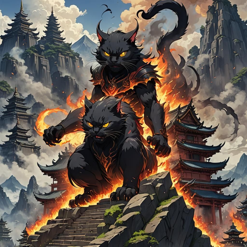 Giant Demon Cat Burns Mountain Temple: Anime Style
