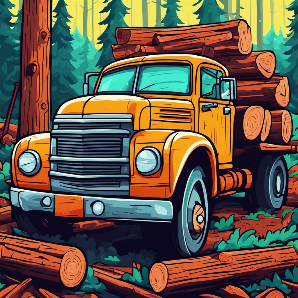 Retro 2D Cartoon Log Truck in Redwood Forest