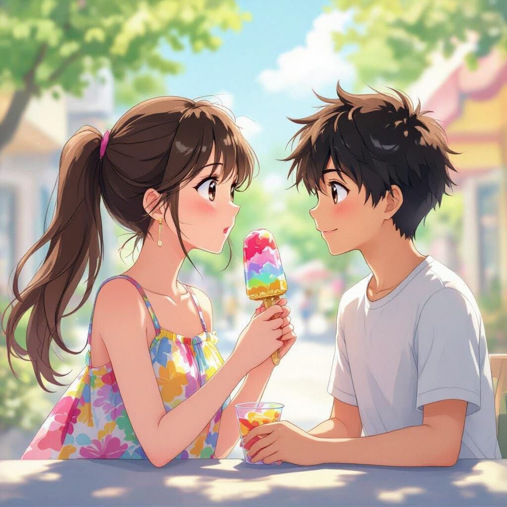 Anime Couple Sharing Ice Cream in Summer