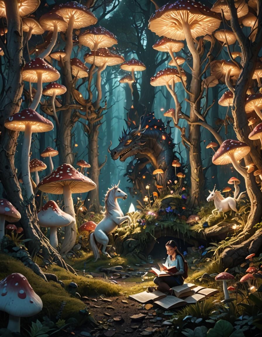 Mushroom Forest: Girl, Unicorn, and Dragon
