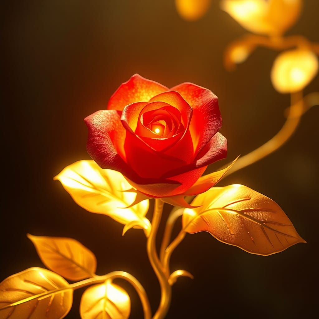 Glowing Red Rose with Golden Paper Leaves