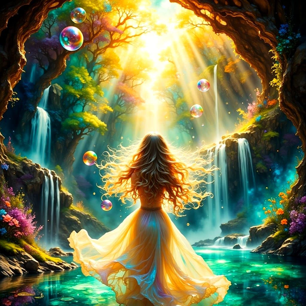 Ethereal Goddess Surrounded by Radiant Soap Bubbles in a Cry...