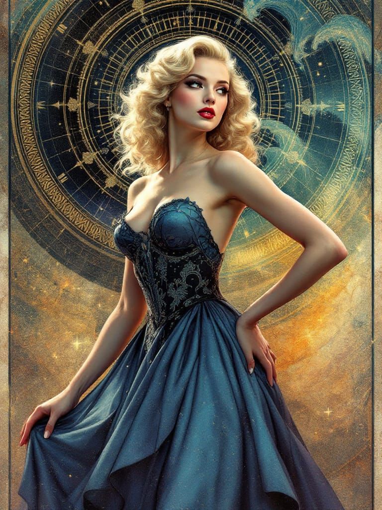 Blond Pin-Up Woman in Cosmic Art Nouveau Style