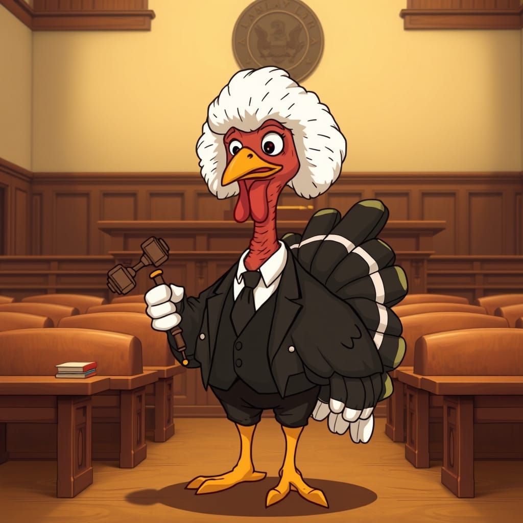 Turkey Lawyer in Courtroom, Cartoon Style