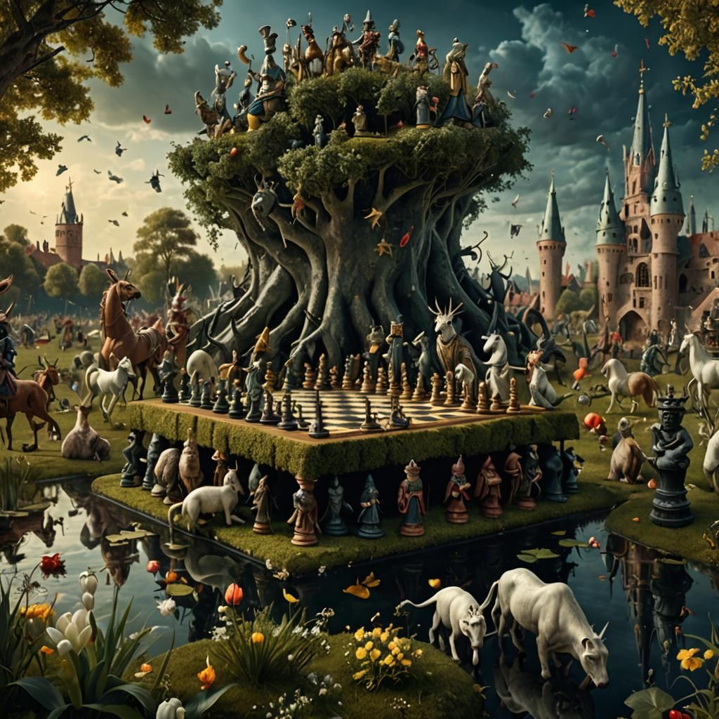 Chess Game in Style of Hieronymus Bosch Painting