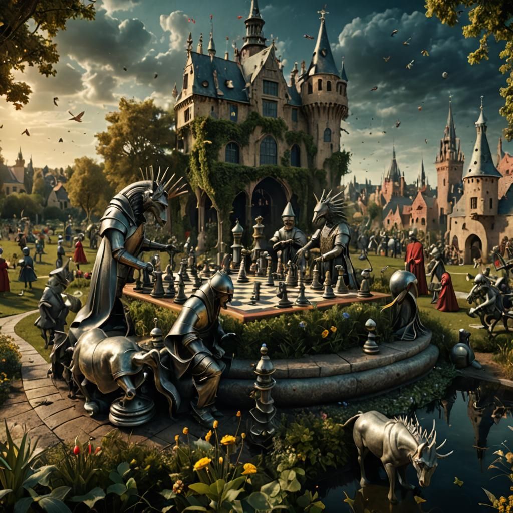 Chess Game in Style of Hieronymus Bosch Painting