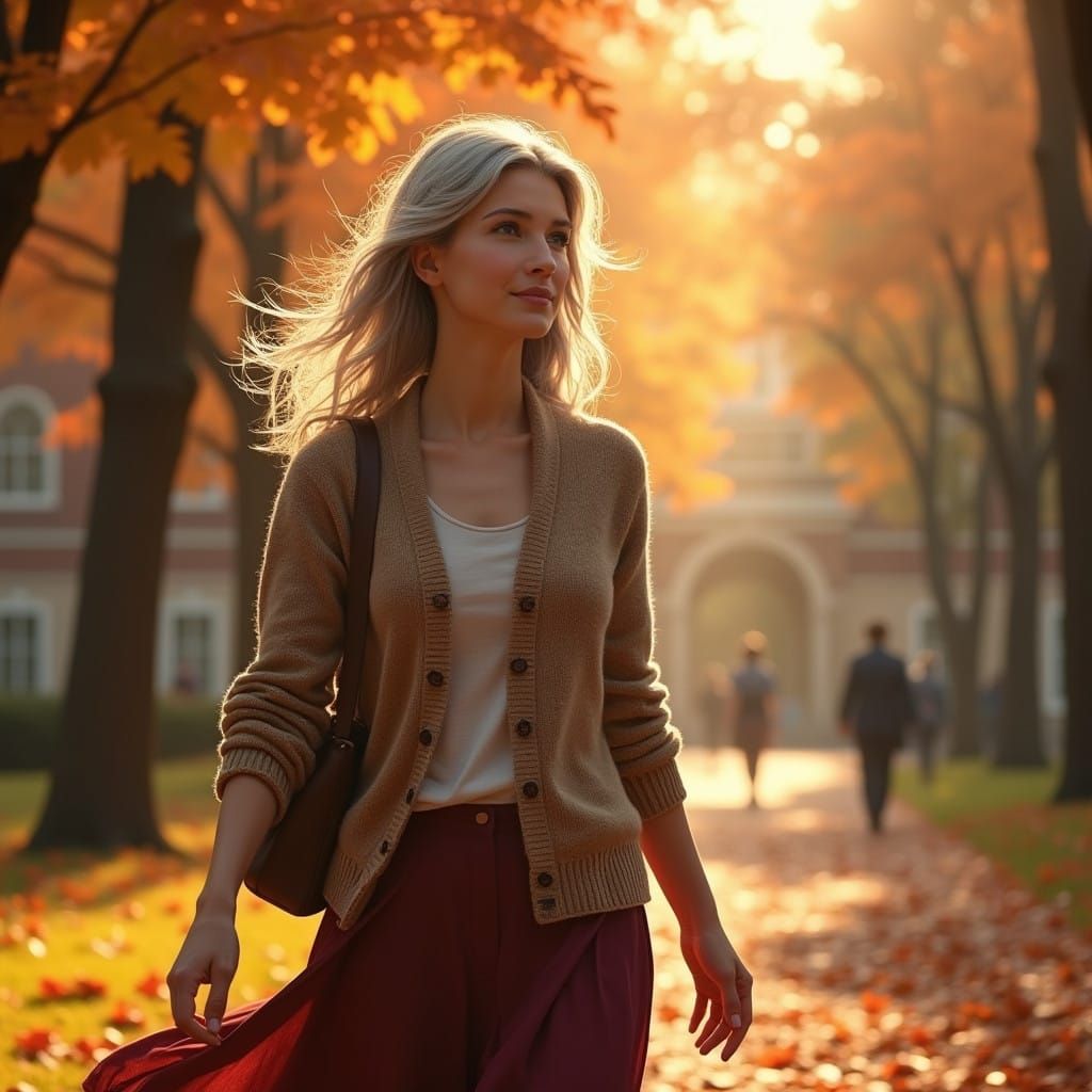 Golden Campus Scene with Hopeful Teacher in Intricate Concep...