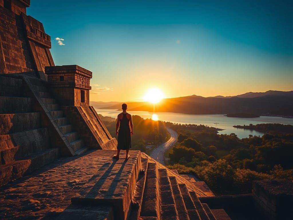 A captivating and hyperrealistic concept art illustration.  A figure stands atop the ancient Aztec Templo Mayor in Tenoc...