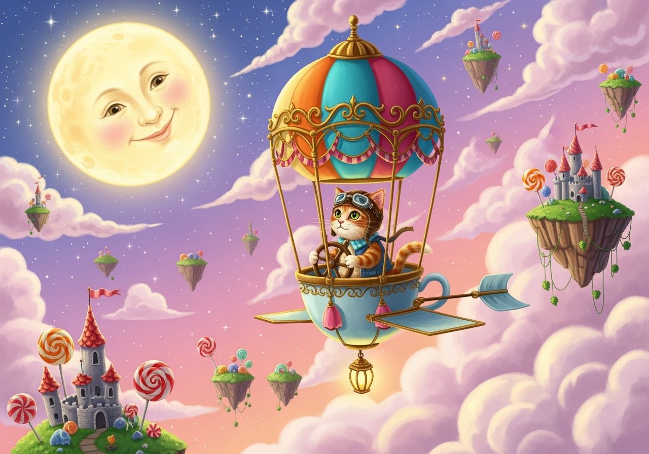 Ginger Cat Pilot in Teacup Balloon Flies to Smiling Moon
