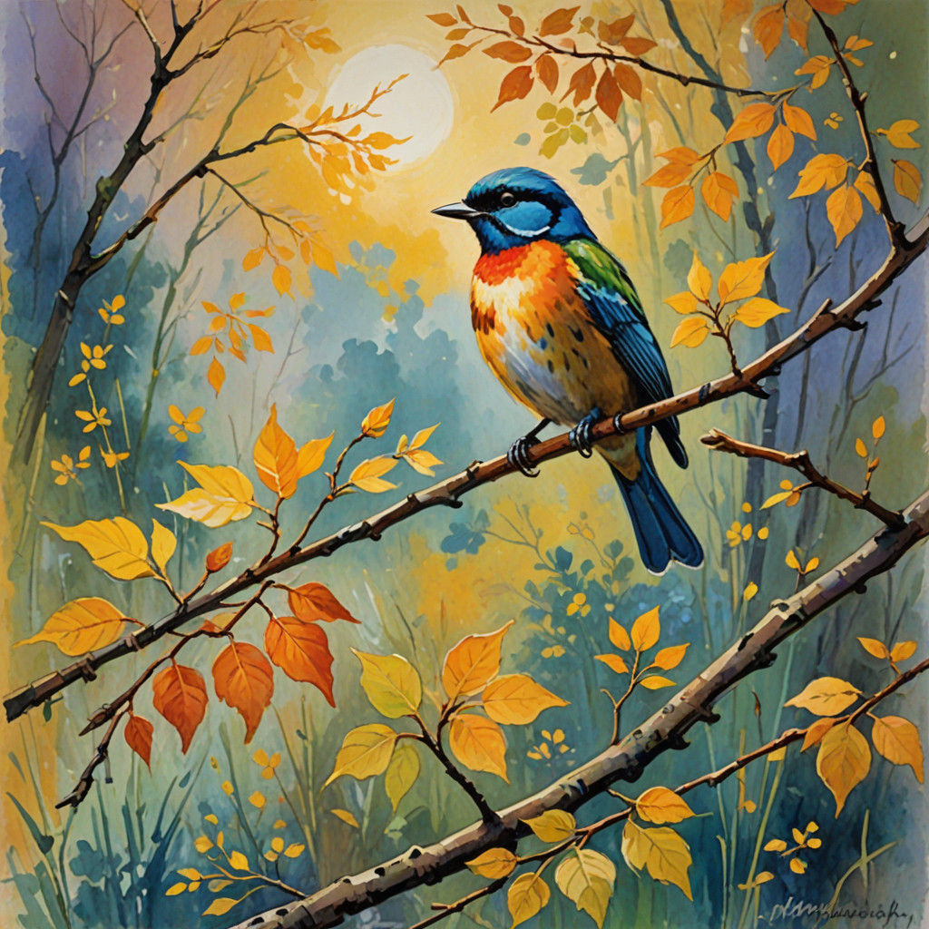 Vibrant Impressionist Bird Playing Flute on Branch