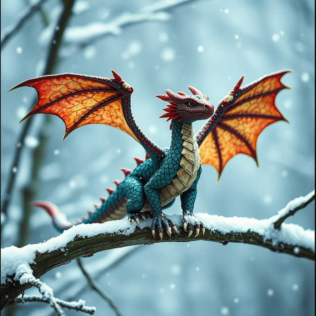 Majestic Fabric Dragon Amidst Snowy Branch