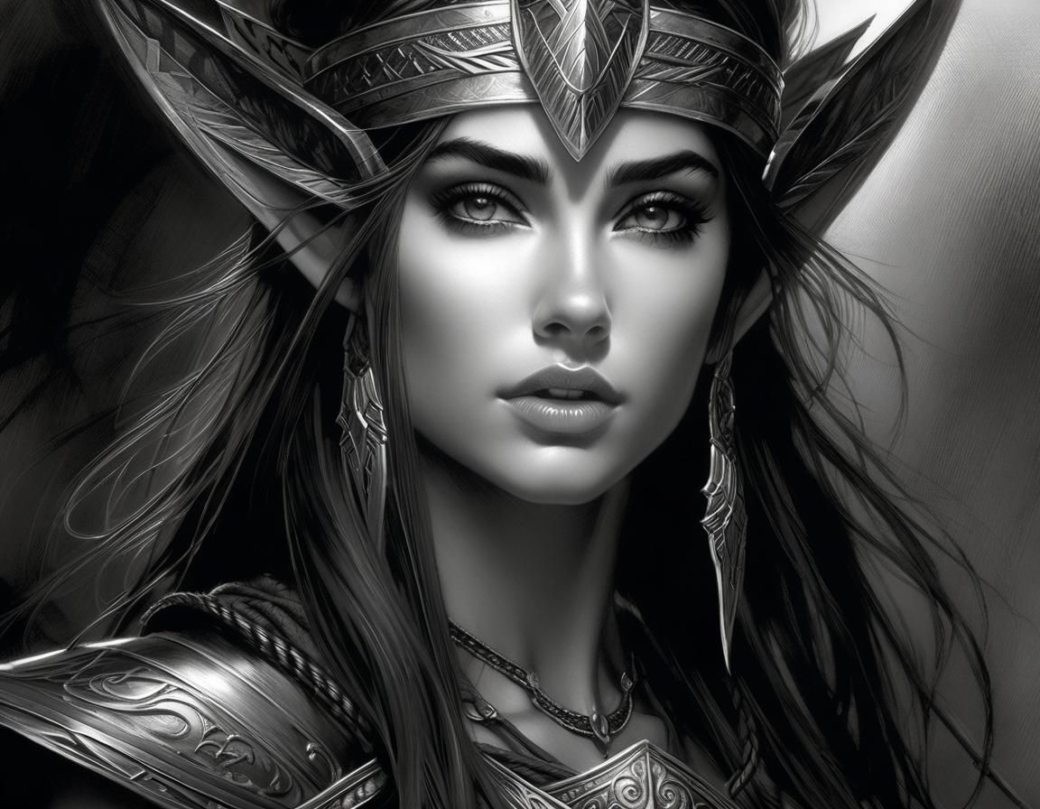 Detailed Grayscale Portrait of Elven Warrior, Royo Style