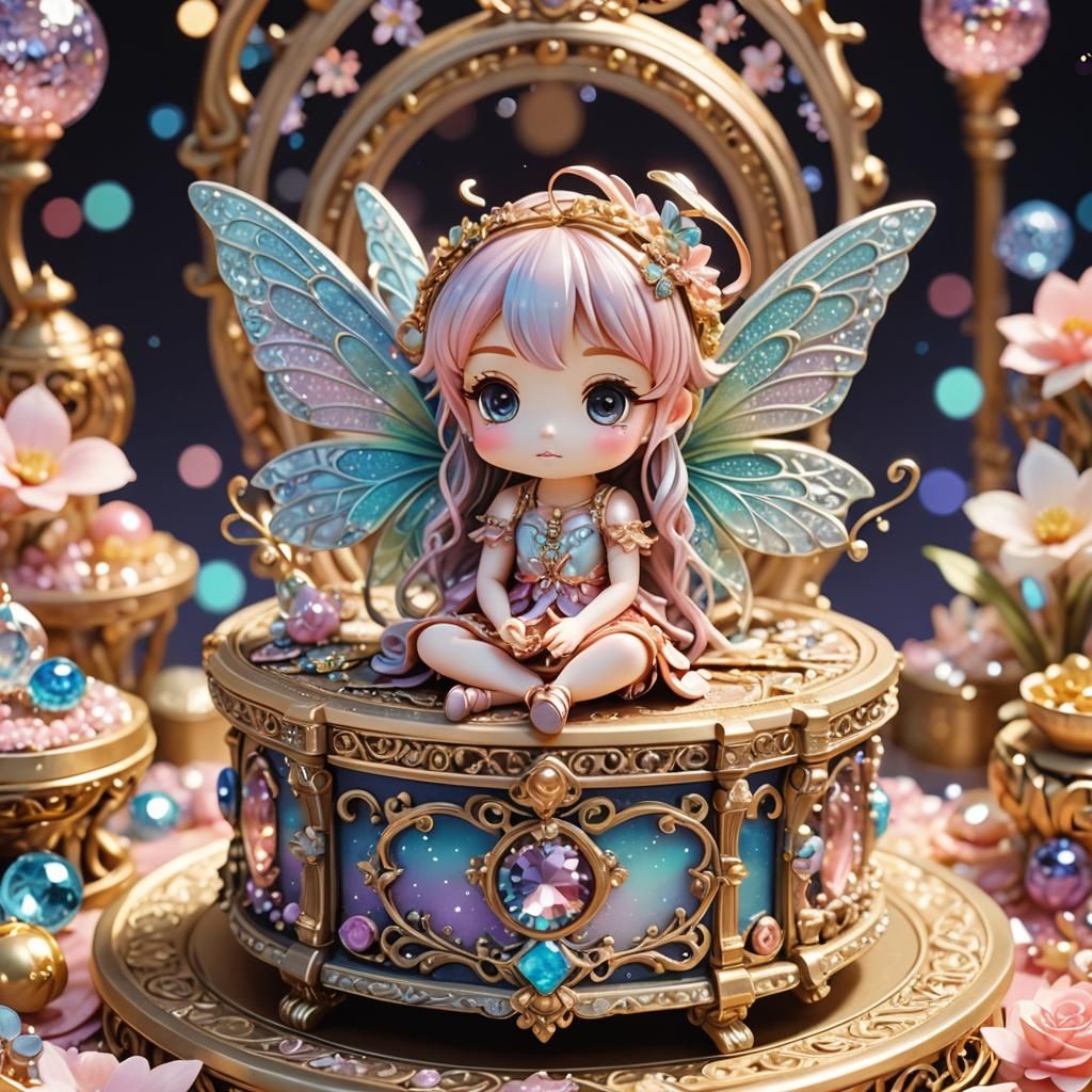 Chibi 3D Fairy on Ornate Jewelry Box