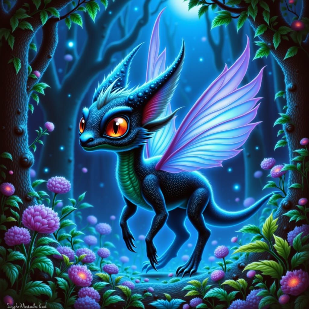 Fantastical Creature in Bioluminescent Forest Digital Painti...