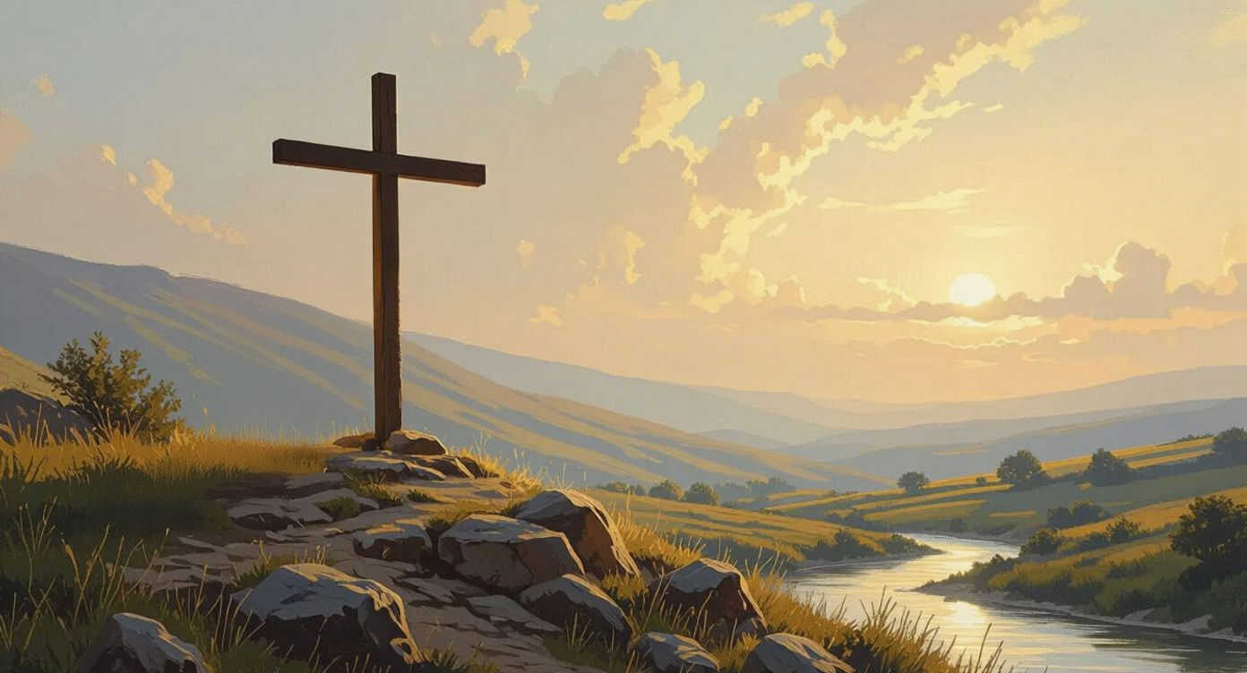 Calvary Cross and Cleansing River: Oil Painting