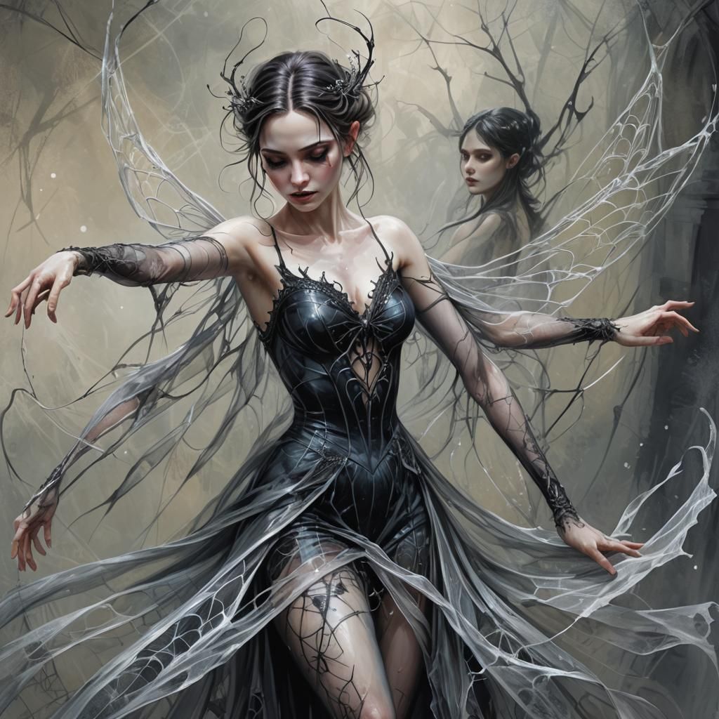 Gothic Fantasy Fairy Acrobat with Spiderweb Wings