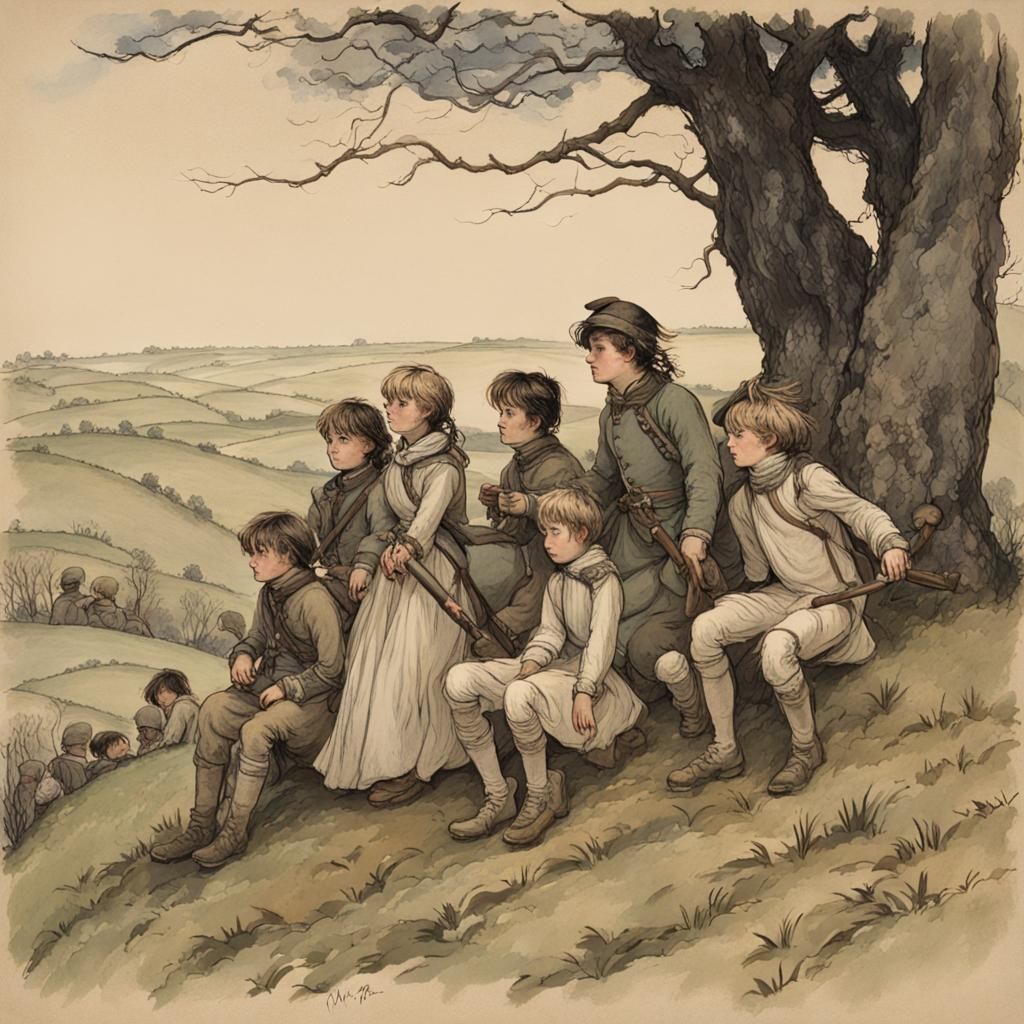 Tragic Hillside Scene in Arthur Rackham Style