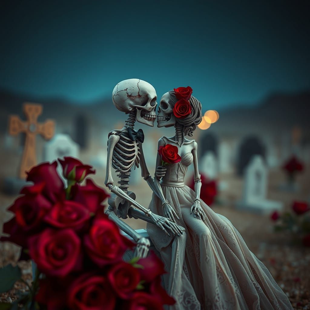 Sugar Skull Lovers in Desert Graveyard Boho Art