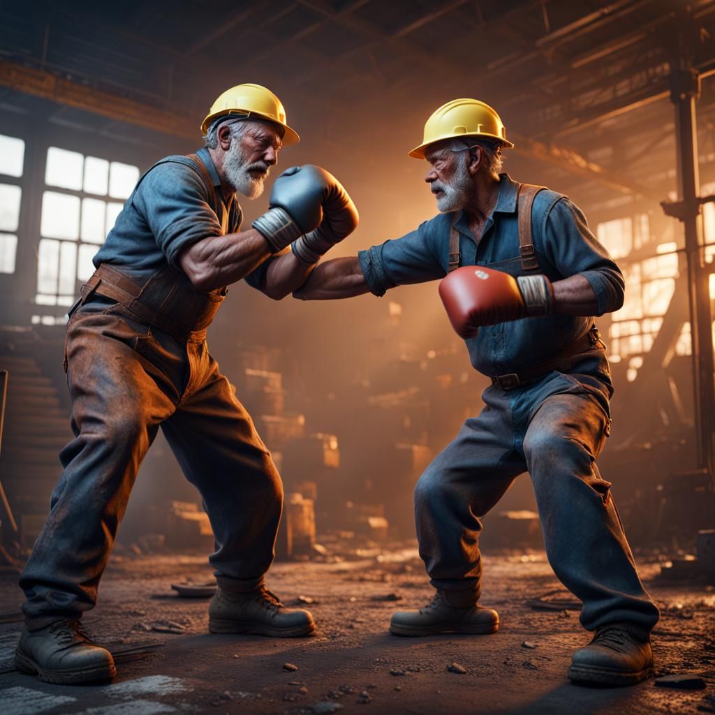Ragged Construction Workers Boxing: Detailed Matte Painting